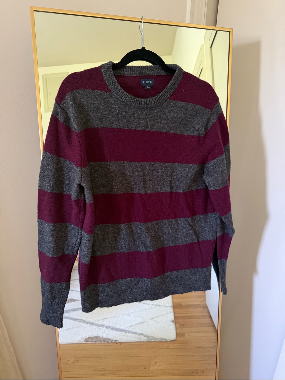 J. Crew lambswool Men's Burgundy and Gray Striped Crewneck Sweater